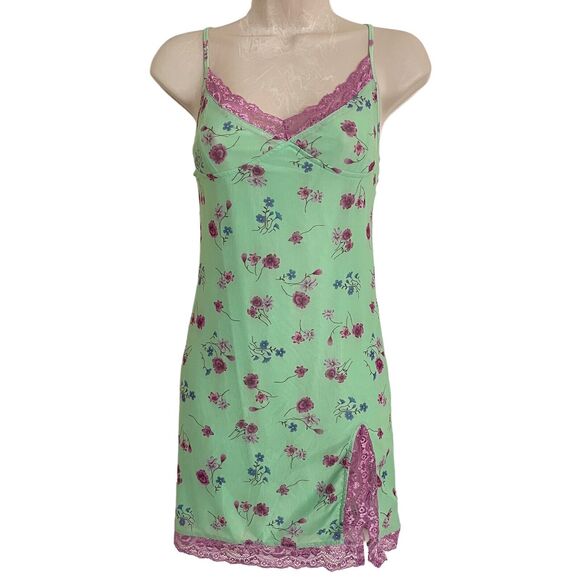 Hotel Slip Dress NEW Sz S Lined Floral Lace Trimmed Front Slit Floral Print Sexy - Picture 1 of 8